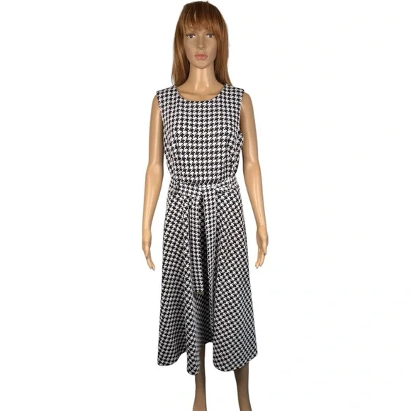 Sold - Calvin Klein Houndstooth Belted Sleeveless Midi Dress Size 12 - Picture 2 of 9